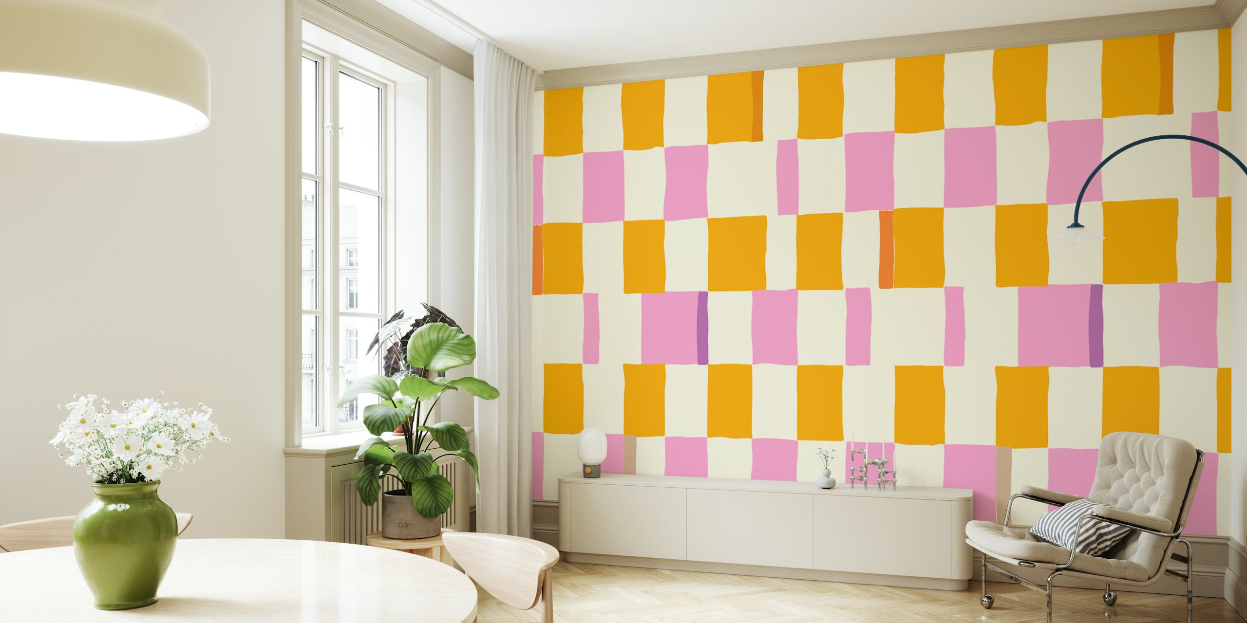 Décoration murale à carreaux orange et rose dessinés à la main